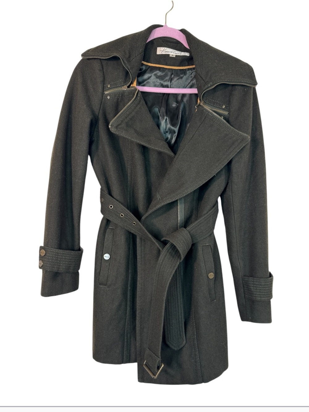 Kenneth Cole Green Wool Blend Trench Coat Womens 8 Classic Preppy Fall Belted